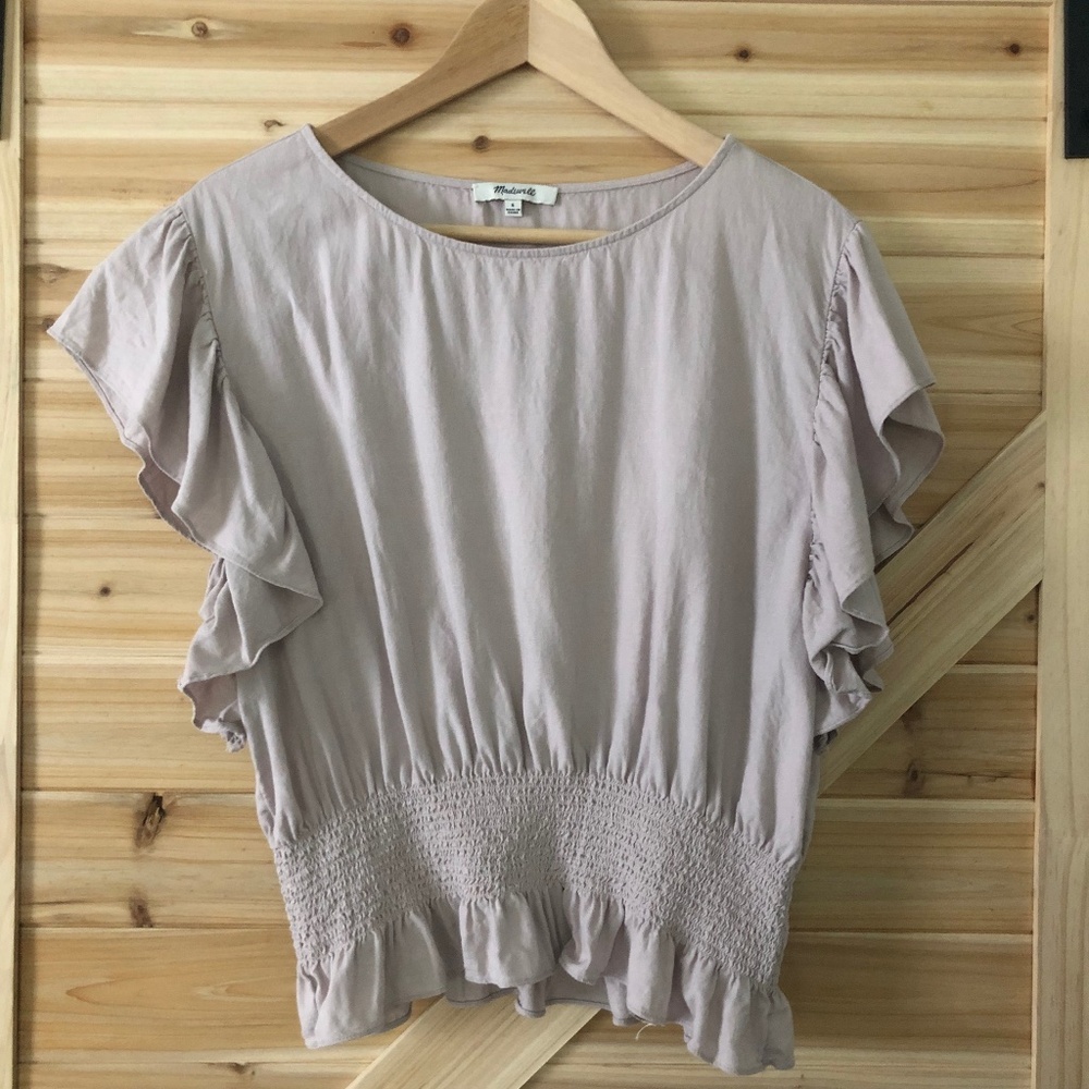 Madewell Linen-Blend Flutter-Sleeve Smocked Top Dusty Lilac S